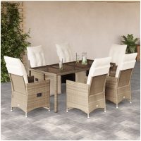 Caféset för trädgården 7 delar med dynor beige konstrotting vidaXL