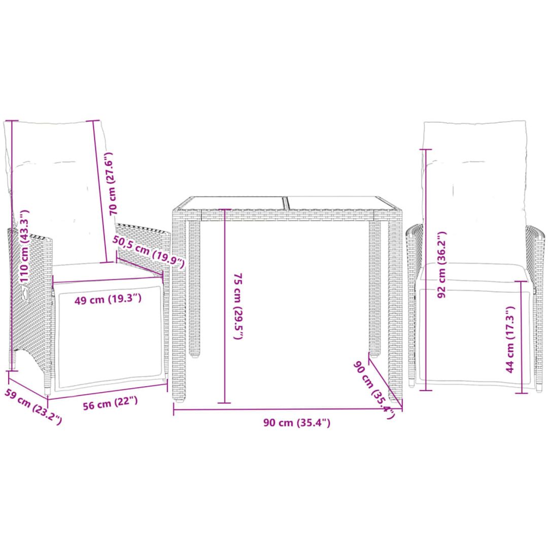 Caféset med dynor 3 delar brun konstrotting vidaXL 90 x 90 x 75 cm – bild 7