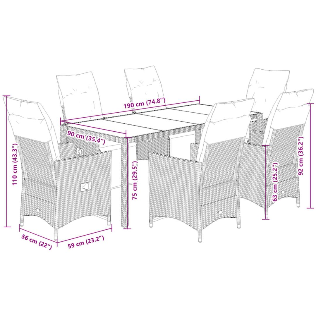 Caféset med dynor 7 delar konstrotting grå vidaXL 190 x 90 x 75 cm – bild 7