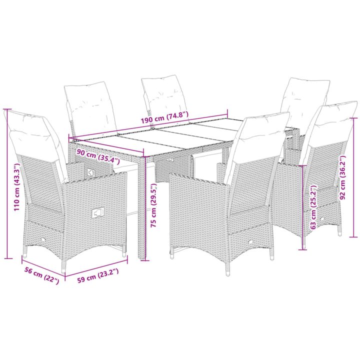 Caféset med dynor 7 delar konstrotting grå vidaXL 190 x 90 x 75 cm – bild 7