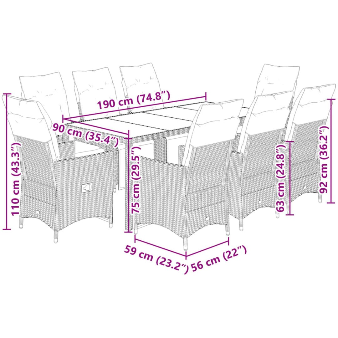 Caféset med dynor 9 delar konstrotting brun vidaXL 190 x 90 x 75 cm – bild 7
