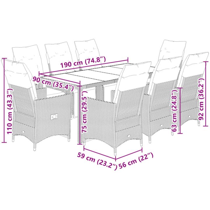 Caféset med dynor 9 delar konstrotting brun vidaXL 190 x 90 x 75 cm – bild 7