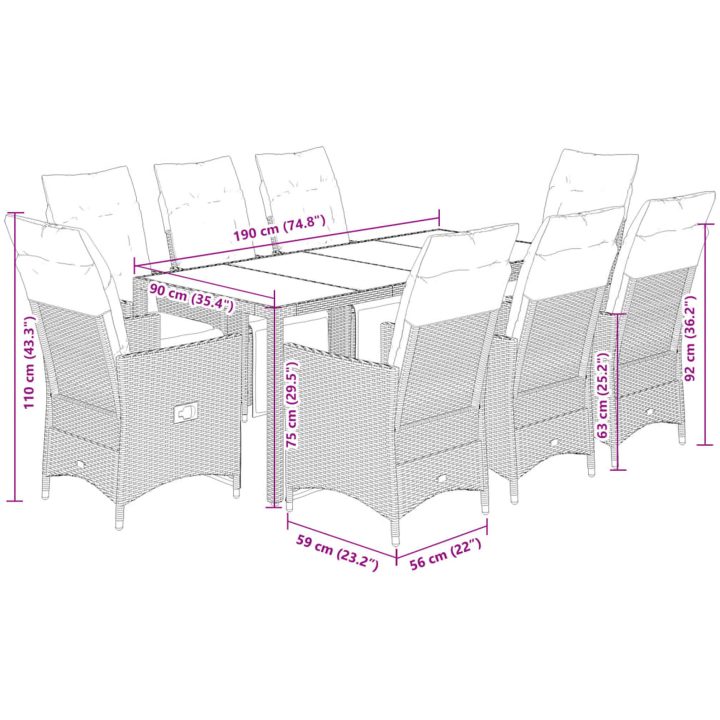 Caféset med dynor 9 delar konstrotting grå vidaXL 190 x 90 x 75 cm – bild 7