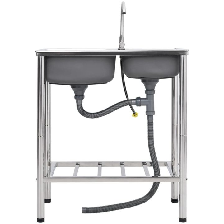 Campingdiskbänk med dubbla handfat och kran rostfritt stål vidaXL 76 x 42 x 18.5 cm – bild 2