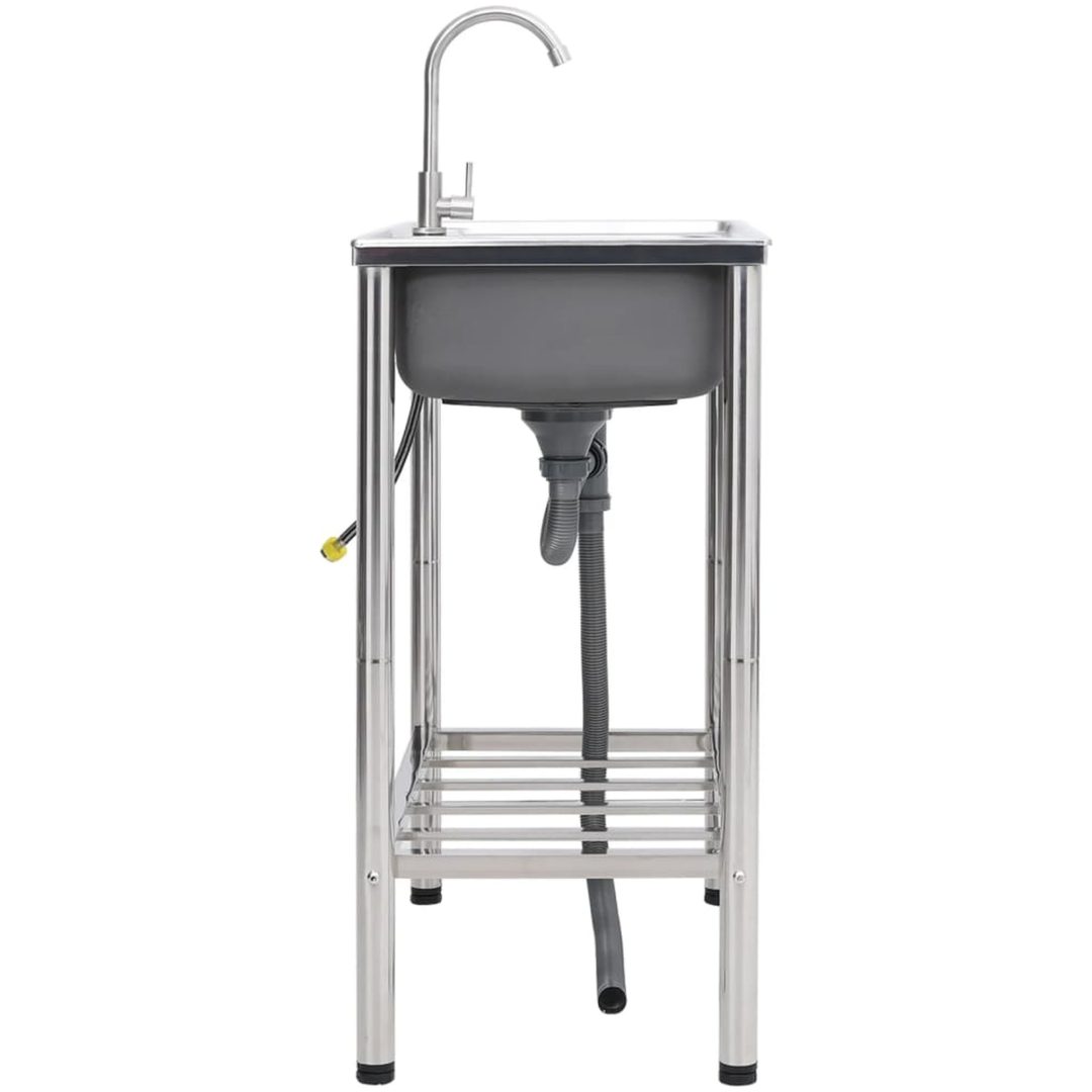 Campingdiskbänk med dubbla handfat och kran rostfritt stål vidaXL 76 x 42 x 18.5 cm – bild 3
