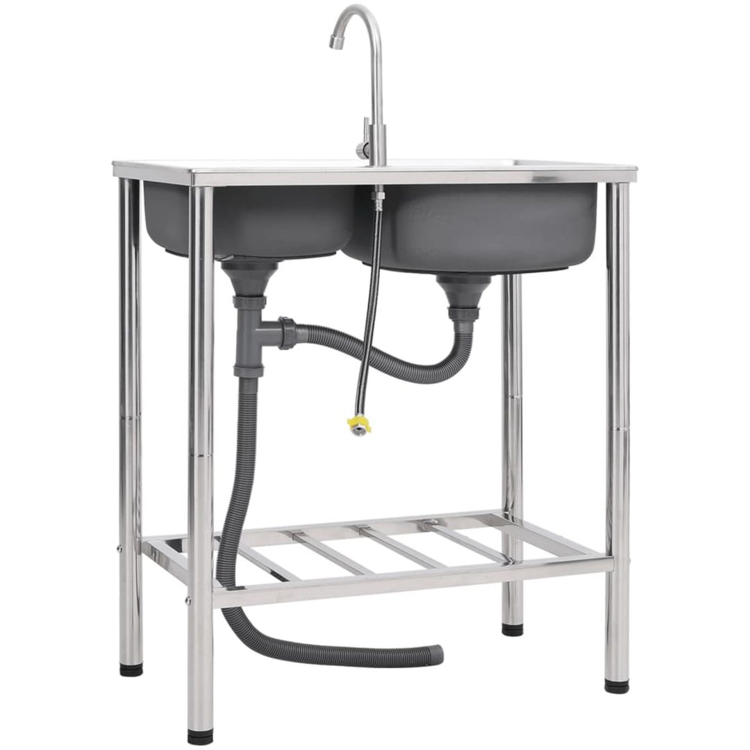 Campingdiskbänk med dubbla handfat och kran rostfritt stål vidaXL 76 x 42 x 18.5 cm – bild 4