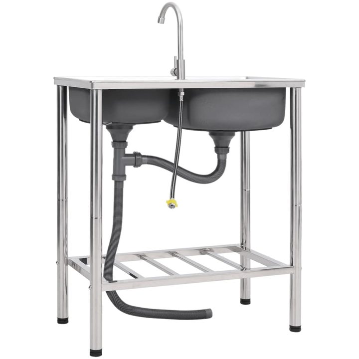 Campingdiskbänk med dubbla handfat och kran rostfritt stål vidaXL 76 x 42 x 18.5 cm – bild 4