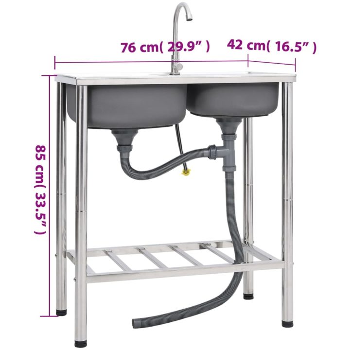 Campingdiskbänk med dubbla handfat och kran rostfritt stål vidaXL 76 x 42 x 18.5 cm – bild 8