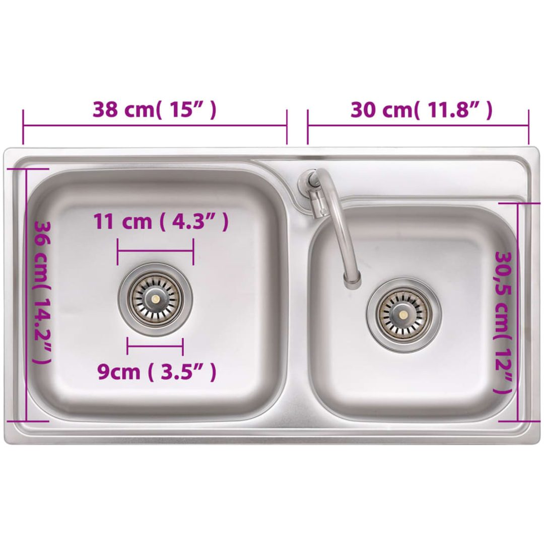 Campingdiskbänk med dubbla handfat och kran rostfritt stål vidaXL 76 x 42 x 18.5 cm – bild 9