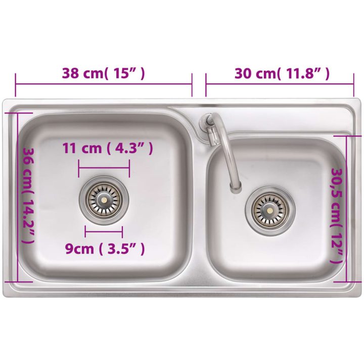 Campingdiskbänk med dubbla handfat och kran rostfritt stål vidaXL 76 x 42 x 18.5 cm – bild 9