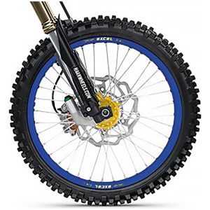 Complete Front Wheel Tubeless 17x3,50x36T Blue Rim/Gold Hub/Silver Spokes/Silver Spoke Nuts HAAN WHEELS