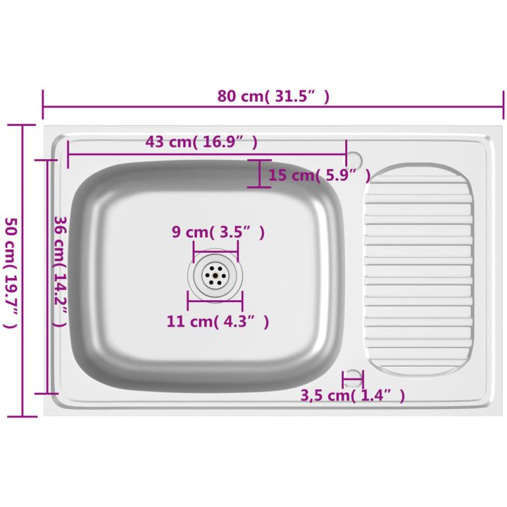 Diskho med avrinningsyta silver m rostfritt stål vidaXL 800 x 500 x 155 mm – bild 11