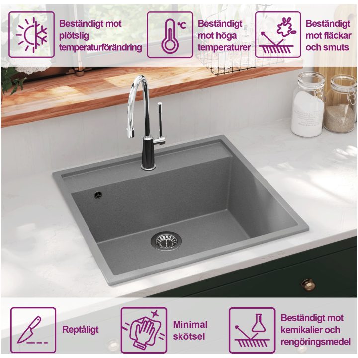Diskho med bräddavlopp grå granit vidaXL 530 x 500 x 203 mm – bild 10
