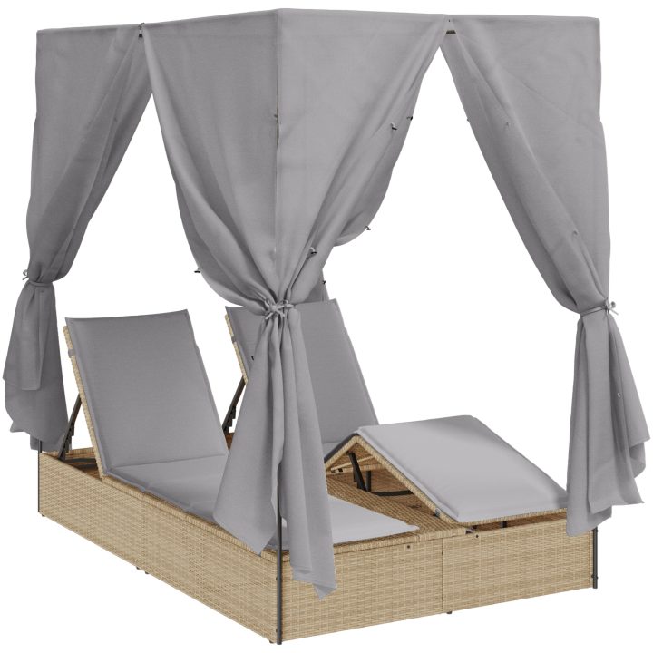 Dubbel Solsäng med gardiner Justerbar Beige vidaXL Standard för utomhus dagbädd – bild 2