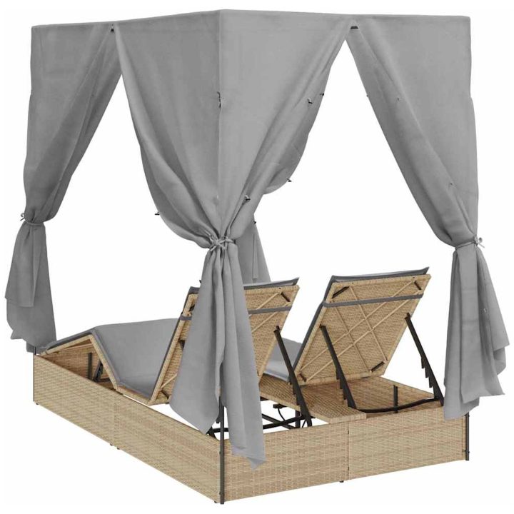Dubbel Solsäng med gardiner Justerbar Beige vidaXL Standard för utomhus dagbädd – bild 7