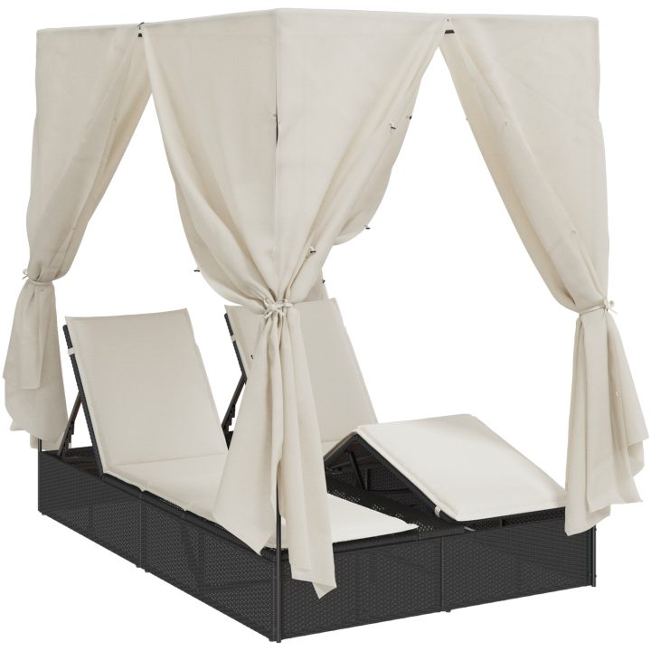 Dubbel solsäng med tak och gardiner Svart vidaXL 203 x 128 x 202 cm – bild 2