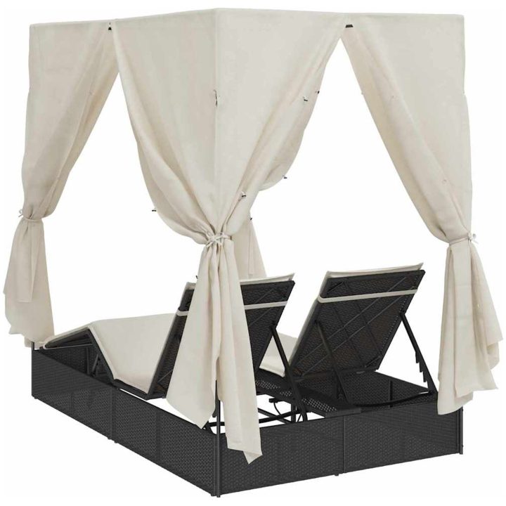 Dubbel solsäng med tak och gardiner Svart vidaXL 203 x 128 x 202 cm – bild 7