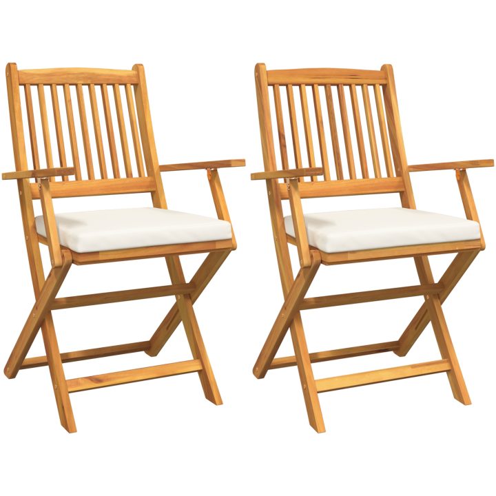 Fällbara Trädgårdsstolar med Vita Kuddar 2st Solid Akacia Trä vidaXL 57.5 x 49 x 92 cm – bild 2