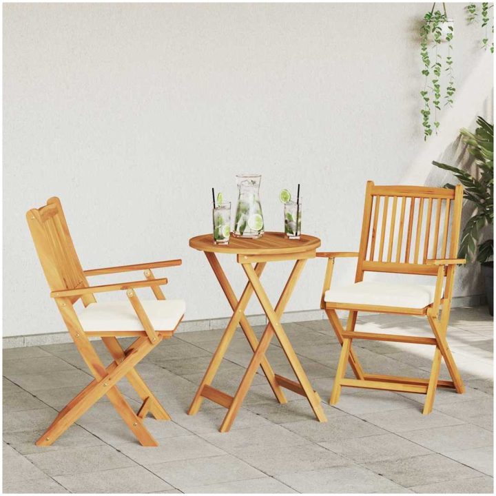Fällbara Trädgårdsstolar med Vita Kuddar 2st Solid Akacia Trä vidaXL 57.5 x 49 x 92 cm – bild 3