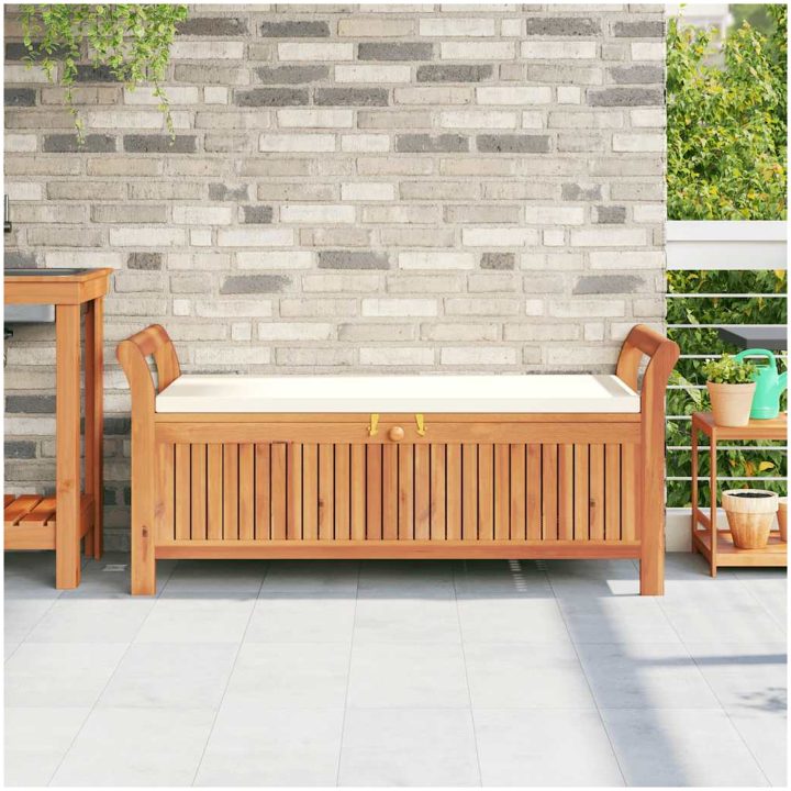 Förvaringsbänk med dyna för trädgård 126 cm massiv akacia vidaXL 126 x 50 x 60 cm – bild 3