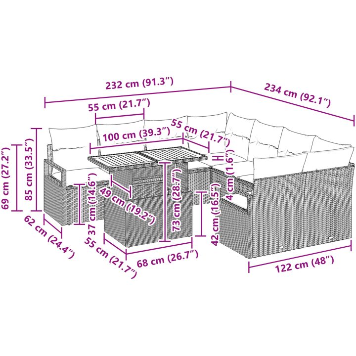 Grå trädgårdssoffa 9 pcs Grå Rattan och polyester vidaXL Stor – bild 11