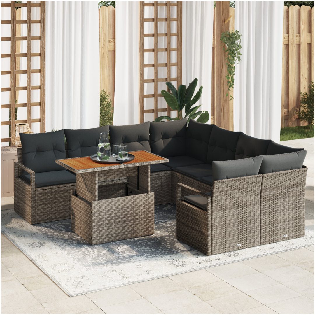 Grå trädgårdssoffa 9 pcs Grå Rattan och polyester vidaXL Stor