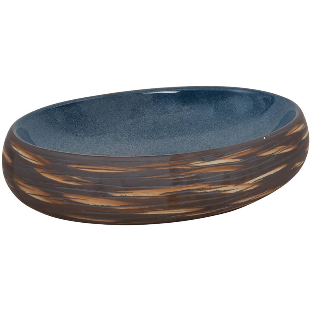 Handfat brun och blå oval keramik vidaXL 59 x 40 x 15 cm – bild 2