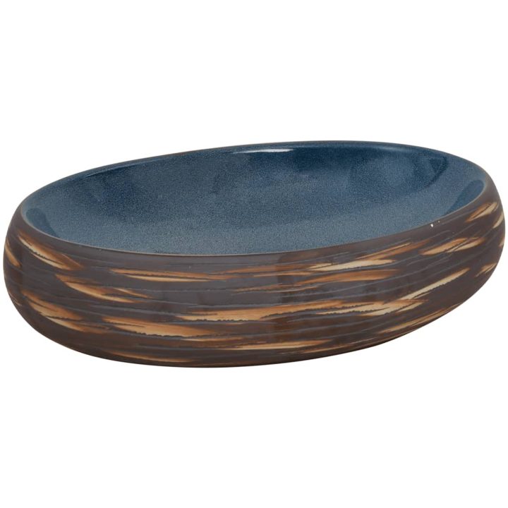 Handfat brun och blå oval keramik vidaXL 59 x 40 x 15 cm – bild 2