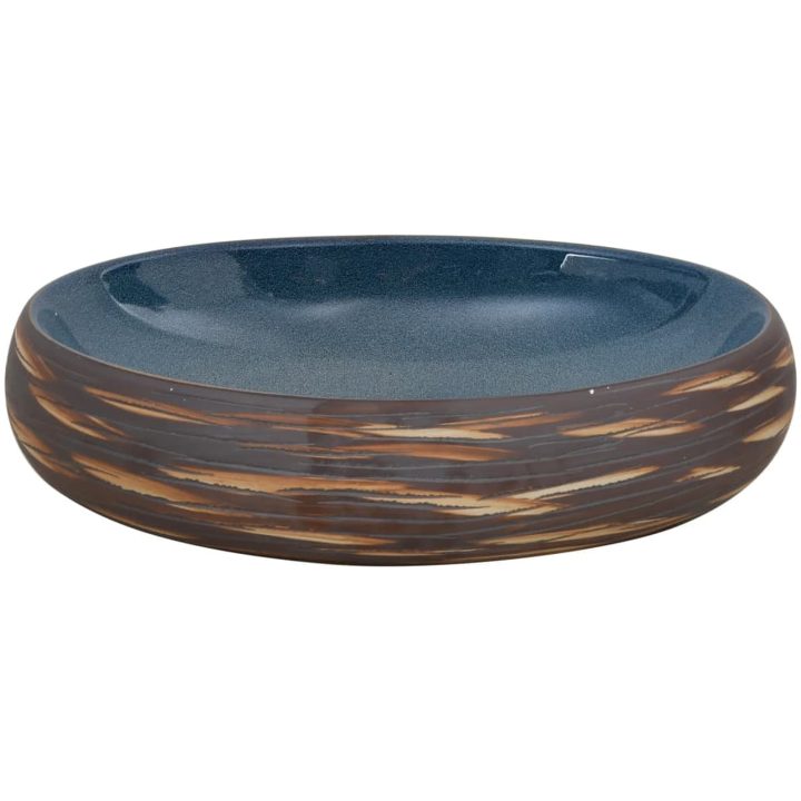 Handfat brun och blå oval keramik vidaXL 59 x 40 x 15 cm – bild 4
