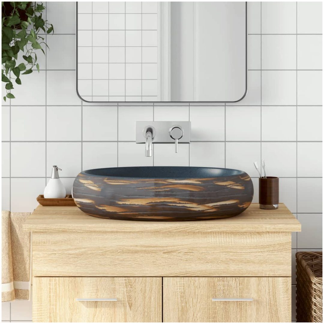 Handfat brun och blå oval keramik vidaXL 59 x 40 x 15 cm