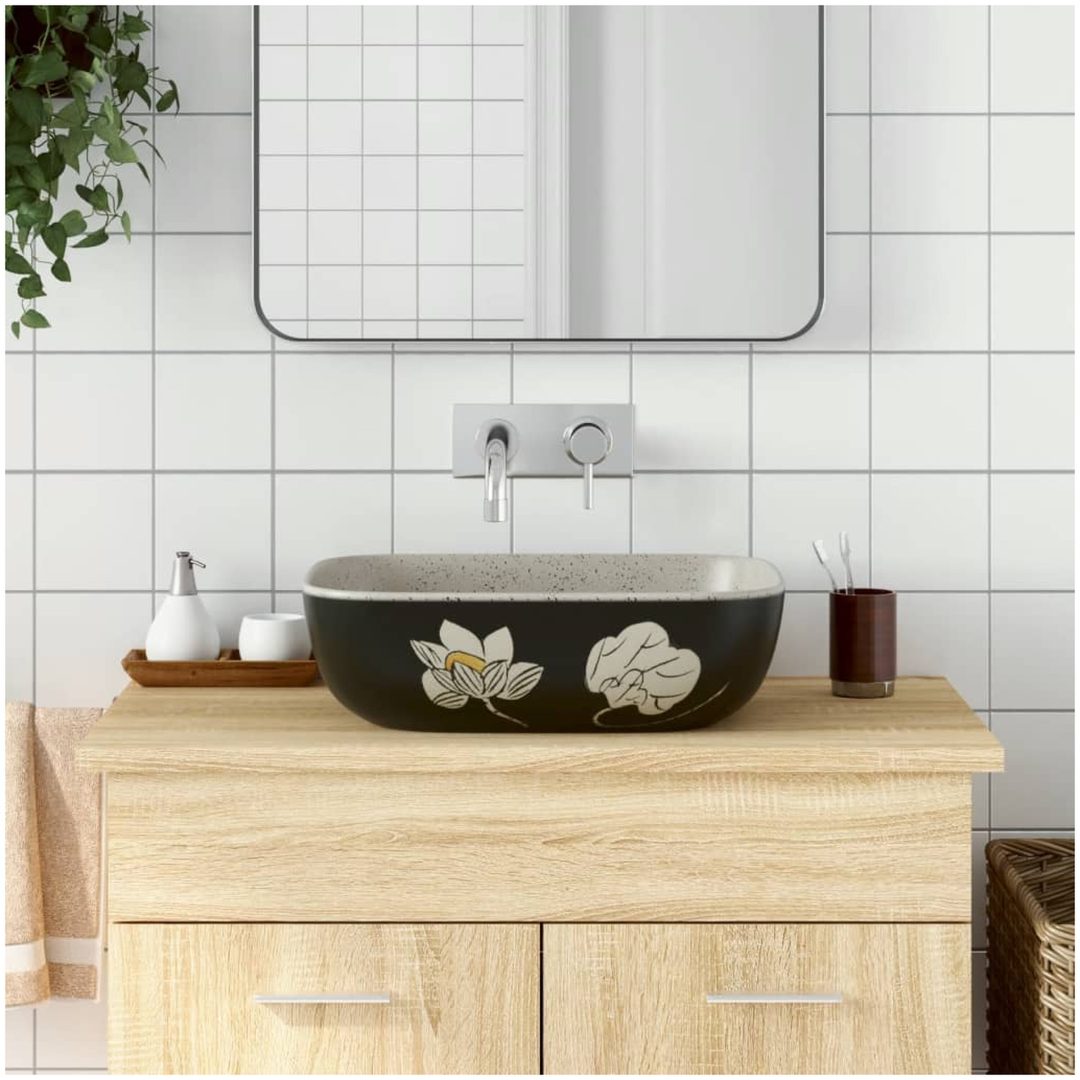 Handfat grå och svart rektangulär keramik vidaXL 48 x 37.5 x 13.5 cm