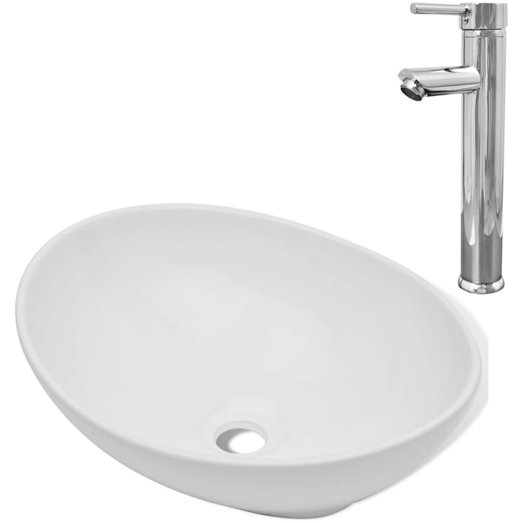 Handfat med blandare keramik oval vit vidaXL 400 x 330 x 135 mm – bild 2