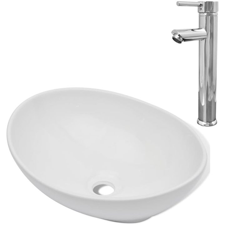 Handfat med blandare keramik oval vit vidaXL 400 x 330 x 135 mm – bild 2
