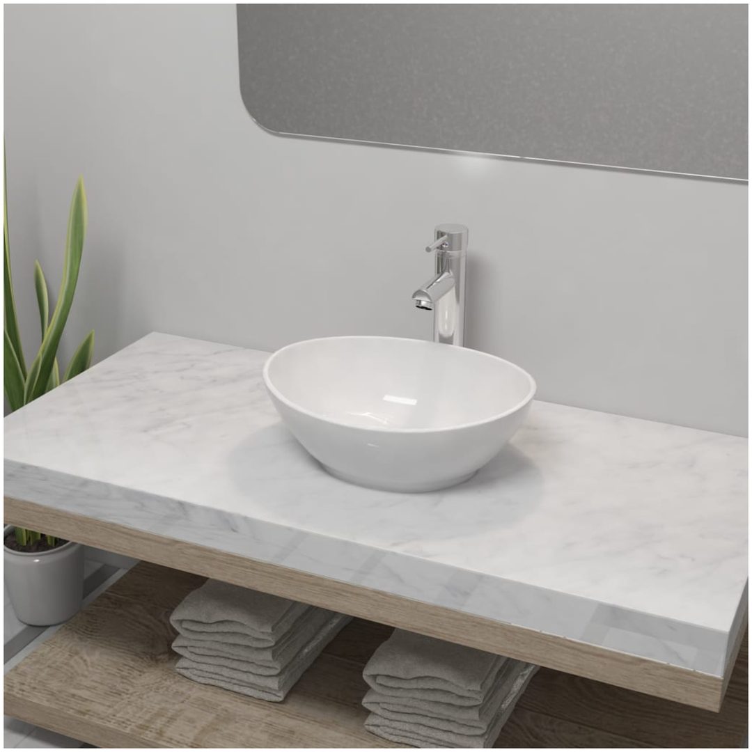 Handfat med blandare keramik oval vit vidaXL 400 x 330 x 135 mm