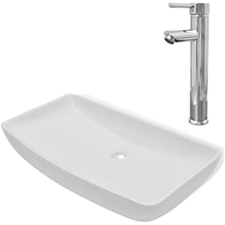 Handfat med blandare keramik rektangulär vit vidaXL 710 x 380 x 135 mm – bild 2