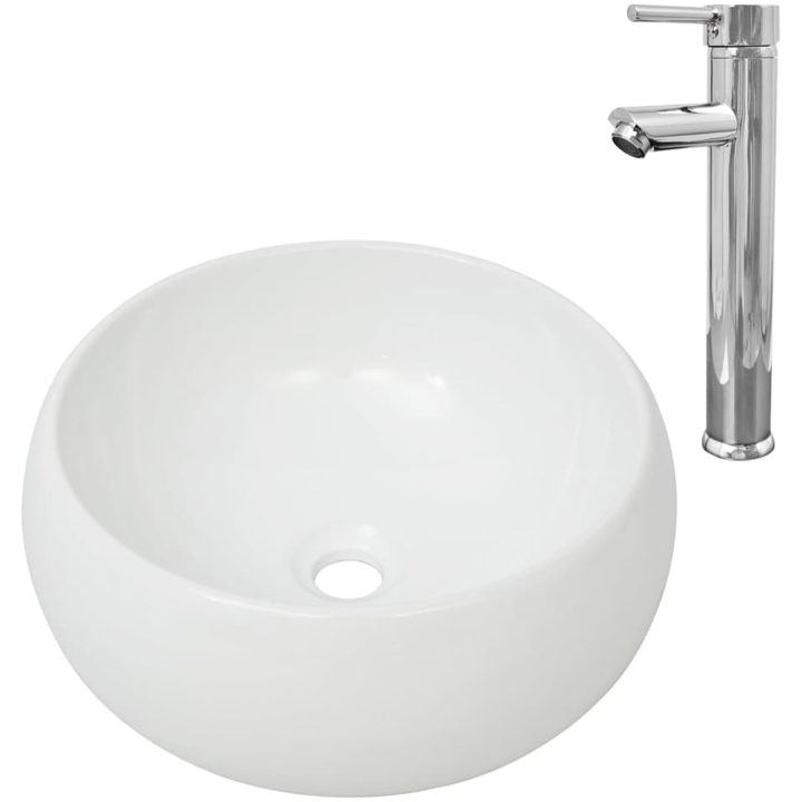 Handfat med blandare keramik rund vit vidaXL 400 x 160 mm – bild 2