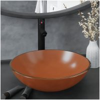Handfat med kran och tryckavlopp brunt härdat glas vidaXL