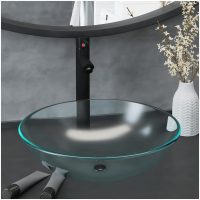 Handfat med kran och tryckavlopp frostat härdat glas vidaXL