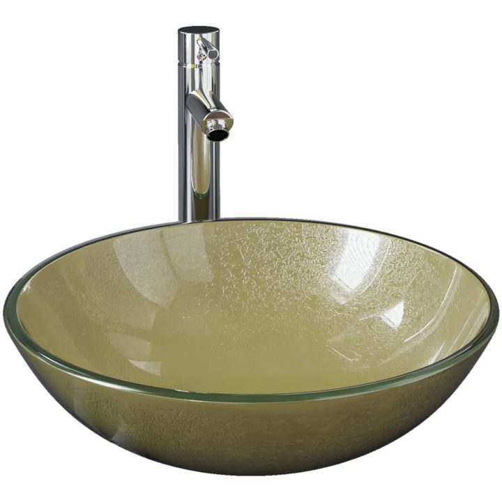 Handfat med kran och tryckavlopp guld härdat glas vidaXL – bild 2