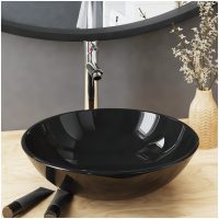 Handfat med kran och tryckavlopp svart härdat glas vidaXL