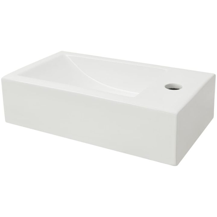 Handfat med kranhål rektangulär keramisk vit 46x25,5x12 cm vidaXL – bild 3