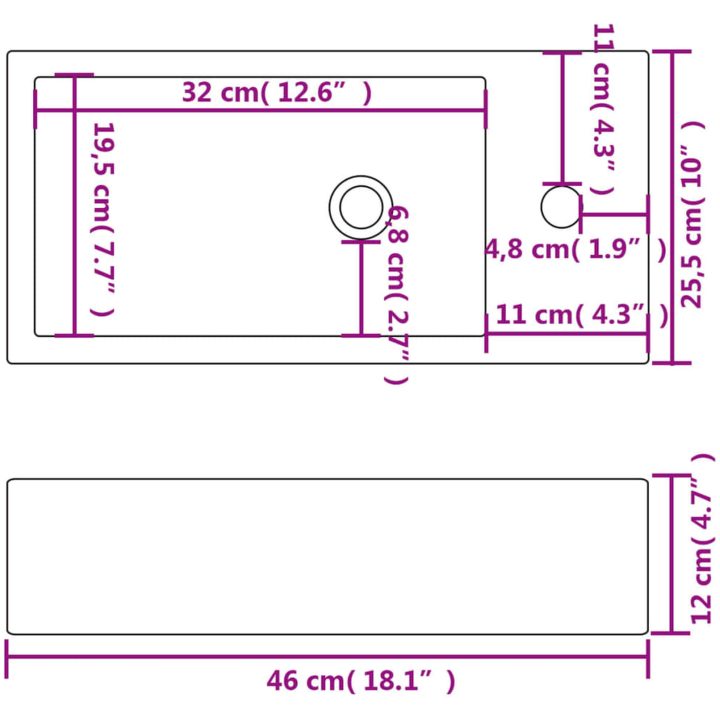 Handfat med kranhål rektangulär keramisk vit 46x25,5x12 cm vidaXL – bild 6