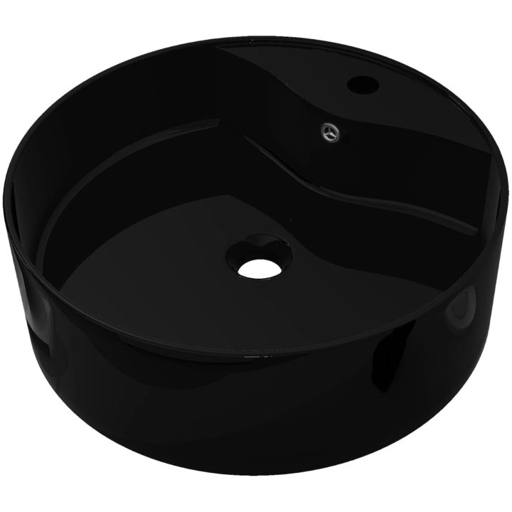 Handfat svart i keramik med kranhål och översvämningshål rund vidaXL 46.5 x 15.5 cm – bild 2