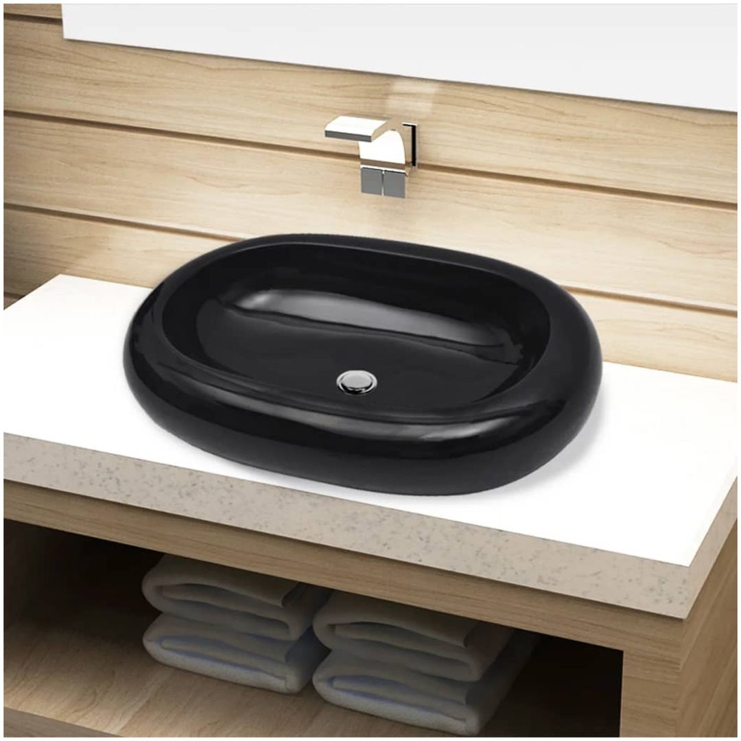Handfat svart keramisk oval vidaXL