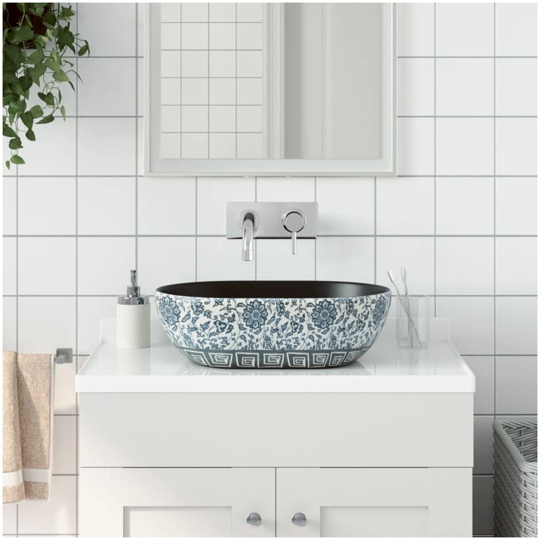 Handfat svart och blå oval keramik vidaXL 47 x 33 x 13 cm