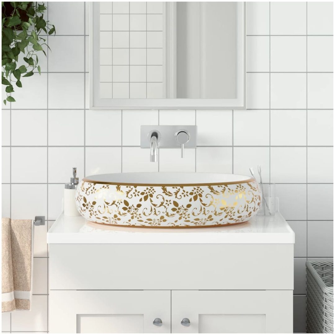 Handfat vit och guld oval keramik vidaXL 59 x 40 x 15 cm
