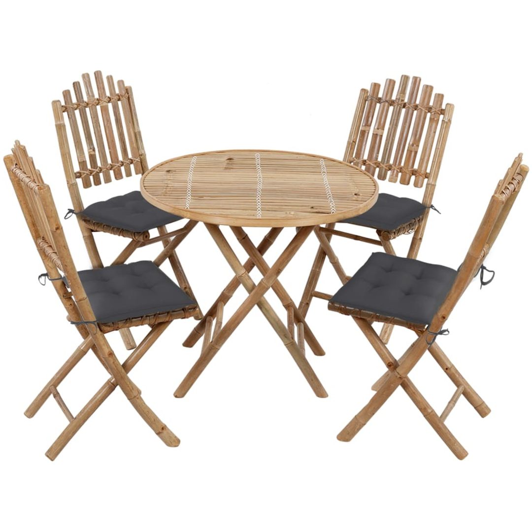 Hopfällbar matgrupp för trädgården med dynor 5 delar bambu vidaXL 40 x 40 x 7 cm