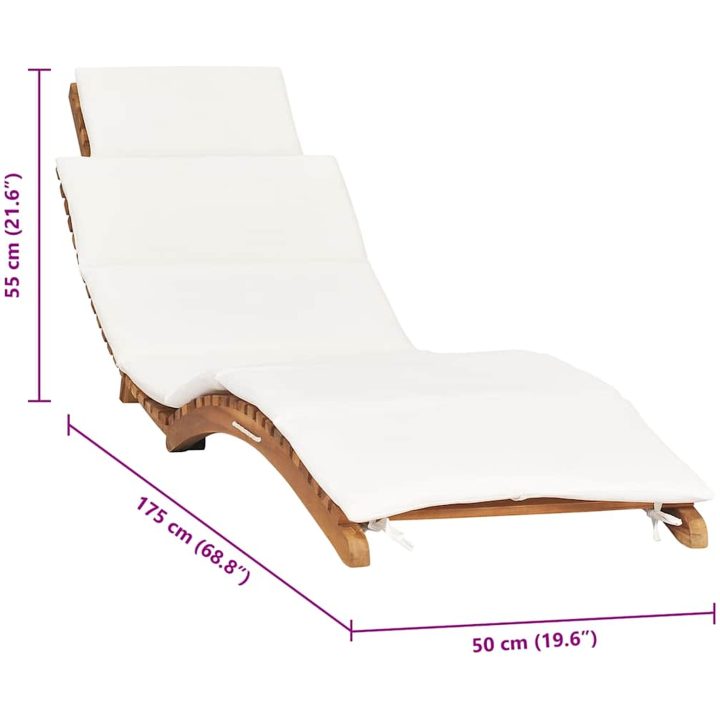 Hopfällbar solsäng med gräddvit dyna massiv teak vidaXL – bild 7