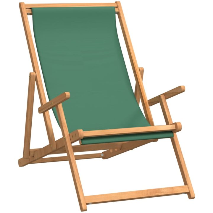 Hopfällbar strandstol massiv teak grön vidaXL – bild 2