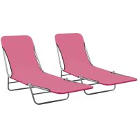 Hopfällbara solsängar 2 st stål och tyg rosa vidaXL